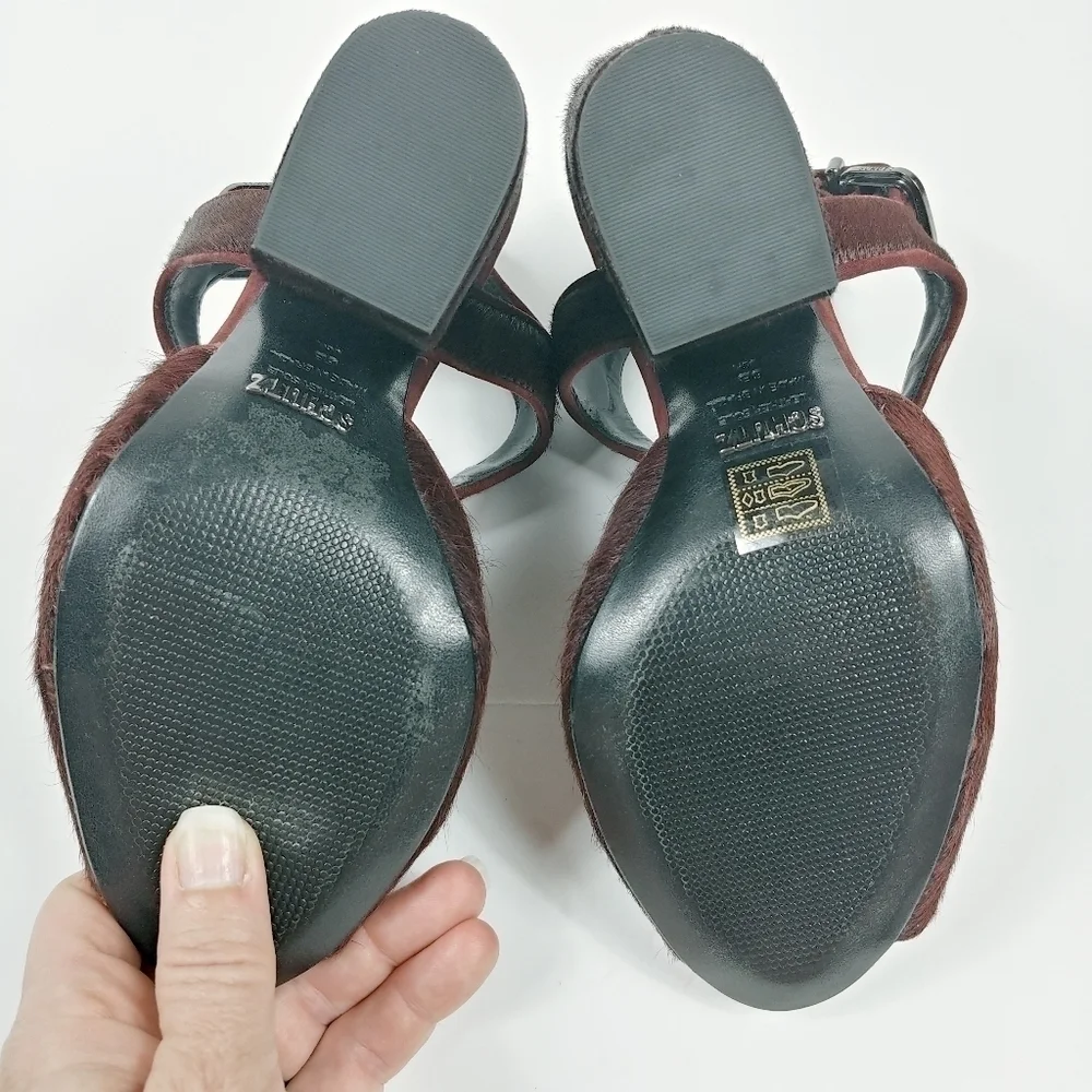 Schutz Peep Toe Pony Hair‎ Chunky Block Heel Size 6 Ankle Strap Burgundy